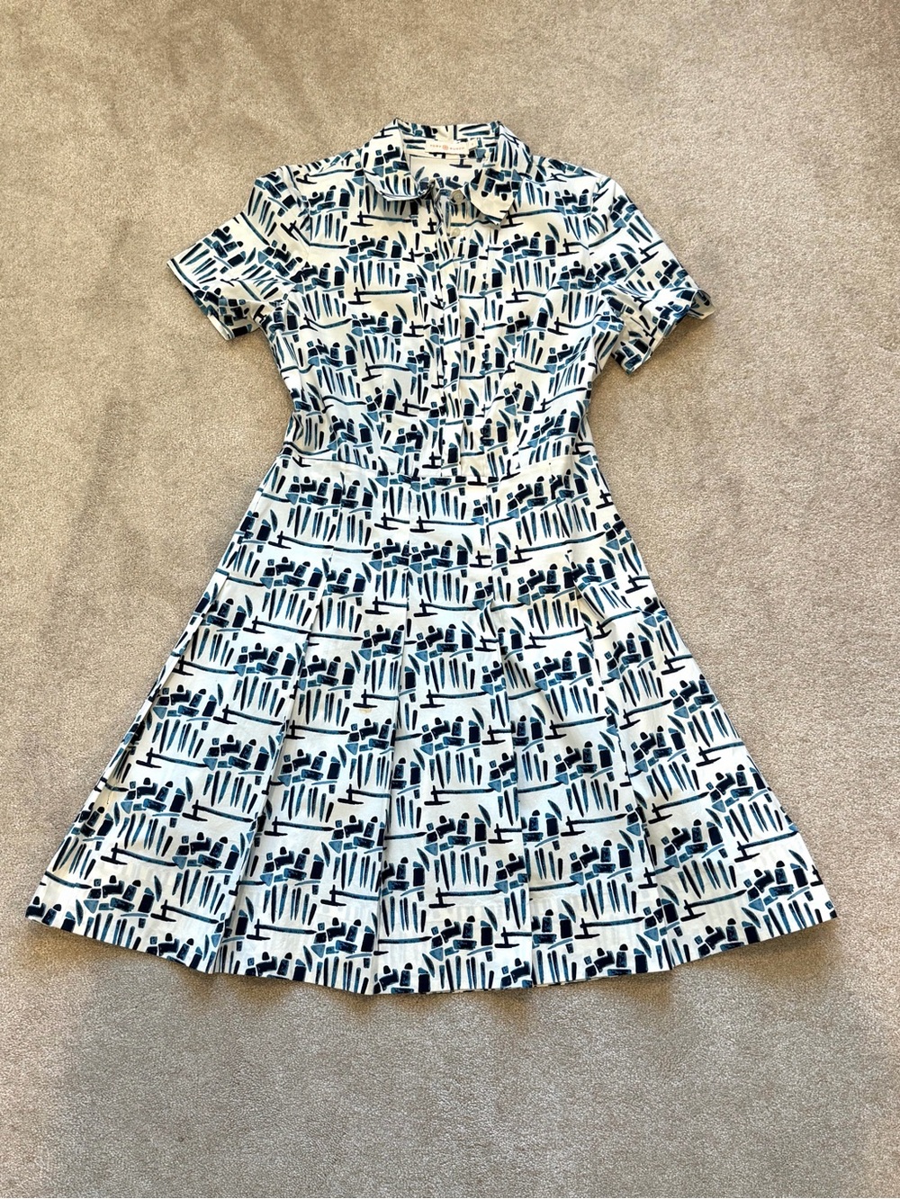 Tory Burch White and Navy Short-Sleeve Collared Fit-and-Flare Dress